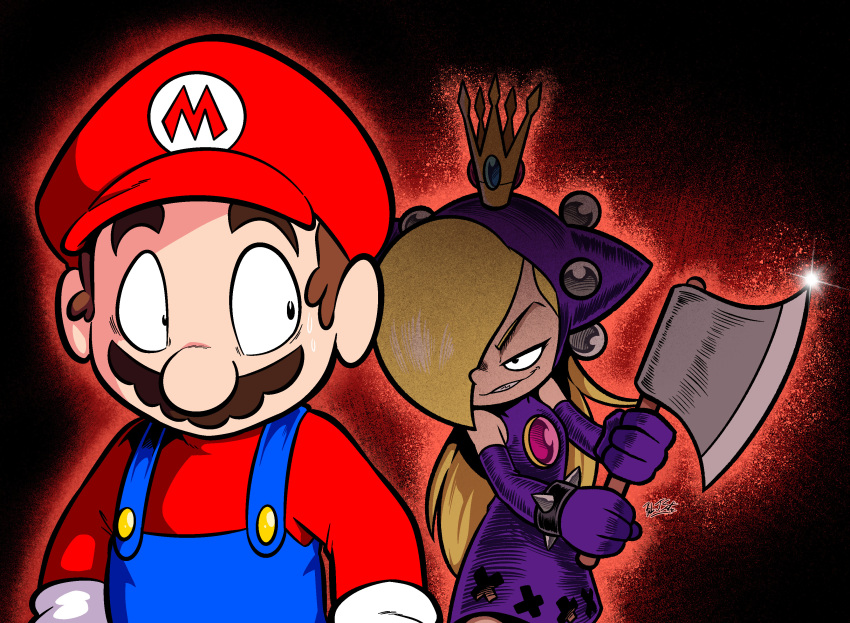 1boy 1girl absurdres axe bjsinc blonde_hair blue_overalls bracelet brandon_santiago brown_hair crown dress evil_smile facial_hair gloves hair_over_one_eye highres holding holding_axe jewelry looking_at_another mario mustache outcastcomix overalls red_headwear signature sleeveless sleeveless_dress smile sparkle spiked_bracelet spikes super_mario_bros. sweat warupeach white_gloves