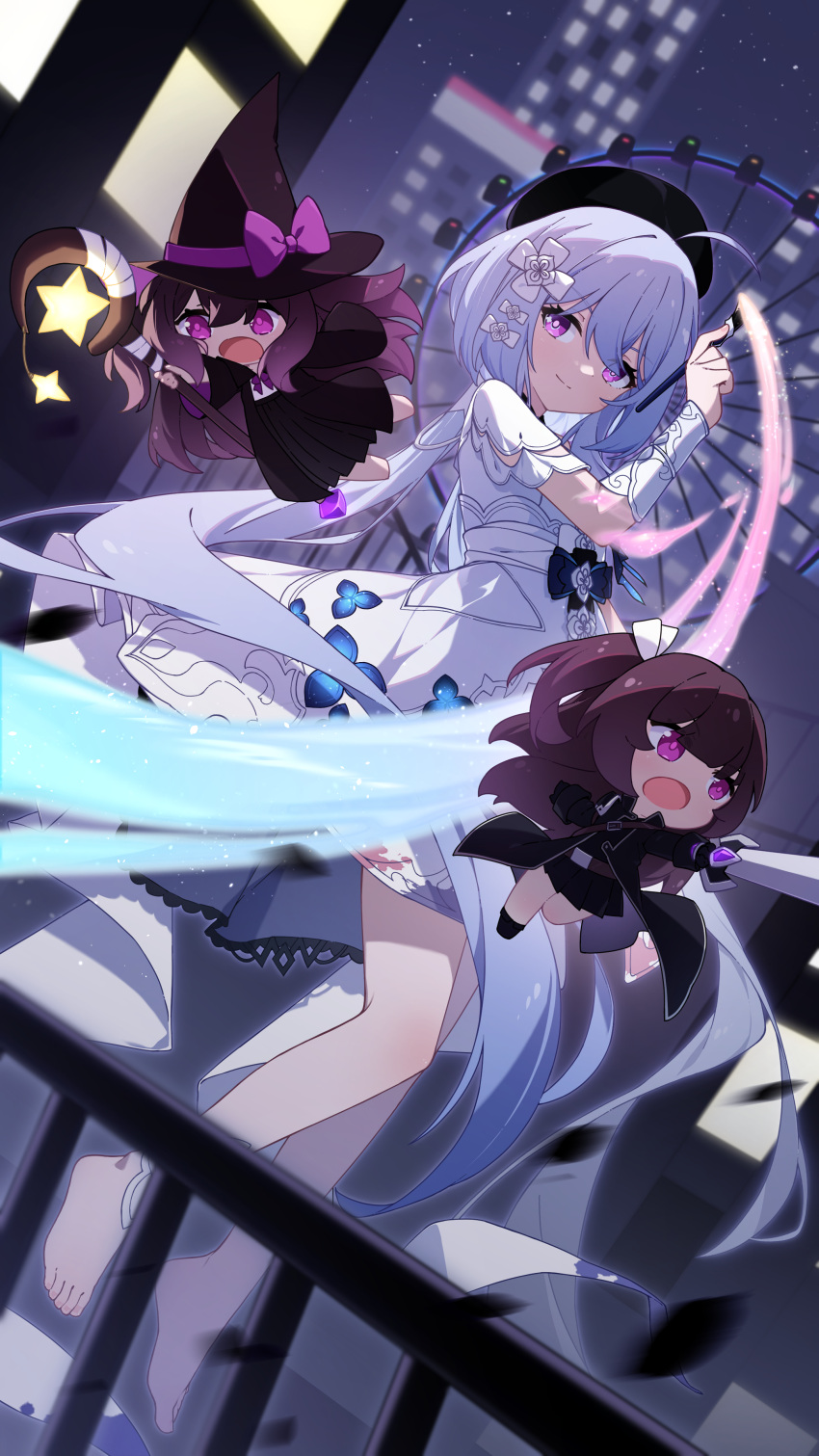 3girls absurdres ahoge bandages barefoot black_dress black_headwear blue_hair bow brown_hair building chibi chinese_commentary city closed_mouth commission dress griseo hair_ornament hat hat_bow highres holding holding_wand honkai_(series) honkai_impact_3rd long_hair looking_at_viewer luolijizhengyi199 magical_girl multiple_girls night night_sky open_mouth outdoors pink_bow pink_eyes short_sleeves sky smile staff star_(sky) very_long_hair violet_eyes wand white_dress white_hair witch_hat