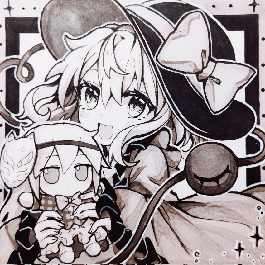 1girl :d bow bowtie character_doll doll enokishima fumo_(doll) greyscale hat hat_bow hata_no_kokoro highres holding holding_doll komeiji_koishi long_hair long_sleeves looking_at_viewer monochrome open_mouth plaid plaid_shirt shirt smile sparkle third_eye touhou upper_body wide_sleeves