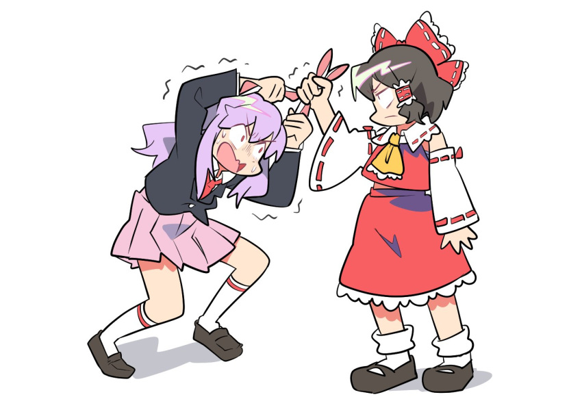 2girls animal_ears ascot black_footwear black_hair black_jacket bow closed_mouth collared_shirt comedy commentary detached_sleeves frilled_ascot frilled_bow frilled_hair_tubes frilled_shirt_collar frilled_skirt frills frown full_body grabbing_another's_ear hair_bow hair_tubes hakurei_reimu hand_on_another's_ear hand_on_own_ear jacket loafers long_sleeves looking_at_another mary_janes medium_bangs multiple_girls necktie open_mouth pink_skirt pulling_own_ear purple_hair rabbit_ears rabbit_girl red_bow red_eyes red_necktie red_skirt reisen_udongein_inaba ribbon-trimmed_collar ribbon-trimmed_sleeves ribbon_trim sekaihebi shirt shoes short_hair sidelocks simple_background skirt skirt_set sleeveless sleeveless_shirt standing symbol-only_commentary touhou trembling v-shaped_eyebrows white_background white_shirt white_sleeves wide_sleeves yellow_ascot