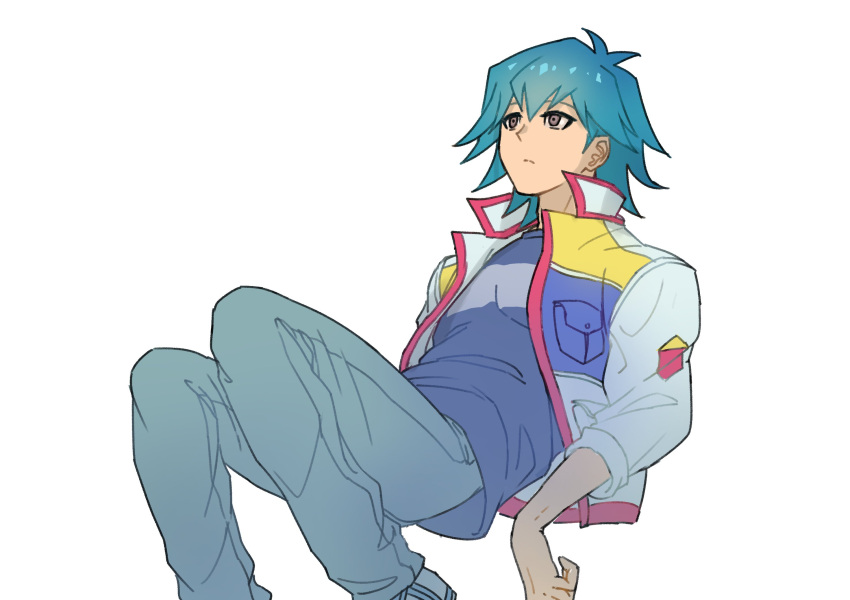 1boy blue_hair blue_shirt bruno_(yu-gi-oh!) denim expressionless grey_eyes high_collar highres invisible_chair jacket jeans leaning leaning_back looking_up male_focus open_clothes open_jacket pants pocket shirt shoes short_hair simple_background sitting sleeves_rolled_up solo white_background youko-shima yu-gi-oh! yu-gi-oh!_5d's