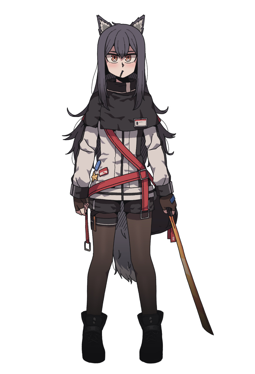 1girl animal_ears arknights belt belt_buckle black_hair black_shorts buckle candy commentary english_commentary expressionless fingerless_gloves food food_in_mouth full_body gloves hair_between_eyes highres holding holding_weapon id_card jacket karepack long_hair long_sleeves looking_at_viewer pantyhose pin pocky shirt shorts simple_background solo standing straight-on sword tail texas_(arknights) weapon white_background wolf_ears wolf_girl wolf_tail
