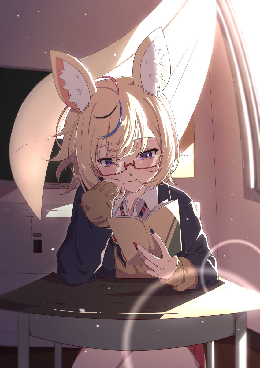 1girl absurdres ahoge akashi_(4kc_27) animal_ear_fluff animal_ears black_nails blazer blonde_hair book bow bowtie chalkboard classroom closed_mouth collared_shirt commentary curtains desk diagonal-striped_bow diagonal-striped_bowtie diagonal_stripes fennec_fox fingernails fox_ears fox_girl glasses hand_to_own_face highres holding holding_book hololive jacket lens_flare light_blush locker long_sleeves multicolored_bowtie multicolored_hair multicolored_nails nail_polish neckerchief official_alternate_hair_length official_alternate_hairstyle omaru_polka omaru_polka_(school_uniform) reading red-framed_eyewear red_nails red_skirt school_desk school_uniform semi-rimless_eyewear shirt short_hair sitting skirt smile solo striped sweater swept_bangs violet_eyes white_shirt
