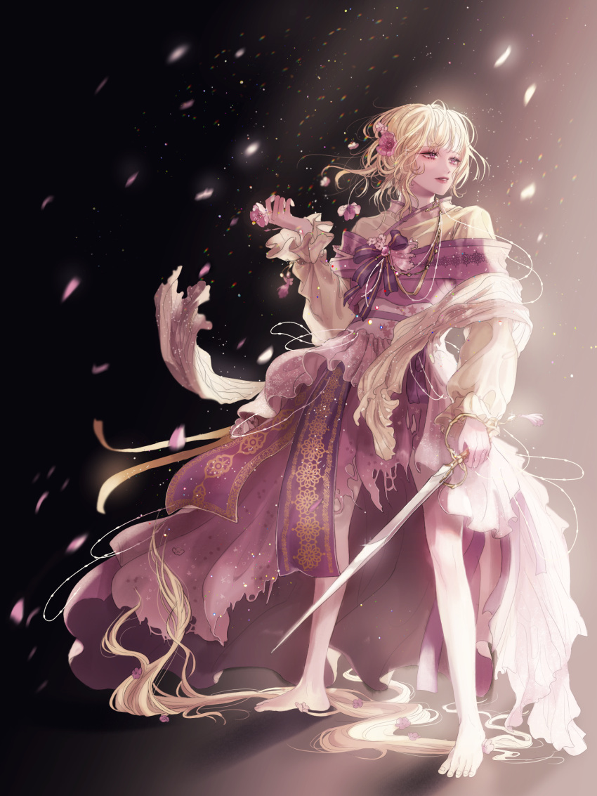 1girl absurdres barefoot blonde_hair bow copyright_request cutting_hair dress flower flower_sogeum glint gradient_background hair_flower hair_ornament hand_up highres holding holding_flower holding_sword holding_weapon looking_to_the_side medium_hair petals pink_dress purple_bow sidelighting solo standing sword torn_clothes violet_eyes weapon