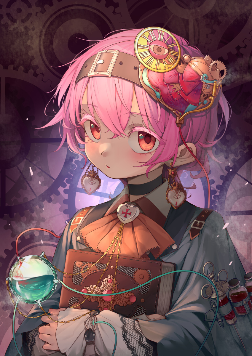 1girl absurdres adapted_costume ascot belt belt_buckle blood blue_shirt blush book bottle brown_belt brown_hairband buckle commentary cross earrings eyelashes gears hair_ornament hairband heart heart_earrings heart_hair_ornament highres holding holding_book iron_cross jewelry komeiji_satori long_sleeves looking_at_viewer orange_ascot parted_lips pink_hair red_eyes shirt short_hair solo steampunk syringe touhou tube upper_body water yazato_ichimushi