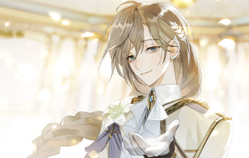 1boy absurdres aiguillette ascot ballroom beckoning blue_eyes blurry blurry_background braid brooch brown_hair closed_mouth collared_shirt corsage ear_chain earclip earrings flower glint gloves gold_trim hair_between_eyes hair_ornament highres indoors jacket jewelry kanae_(16th_costume)_(nijisanji) kanae_(nijisanji) lapels leaf_hair_ornament lily_(flower) long_hair long_sleeves looking_at_viewer low-braided_long_hair male_focus mole mole_under_eye nijisanji official_alternate_costume rta sash shirt shoulder_sash single_braid smile solo stud_earrings upper_body virtual_youtuber white_ascot white_flower white_gloves white_jacket white_lily white_shirt