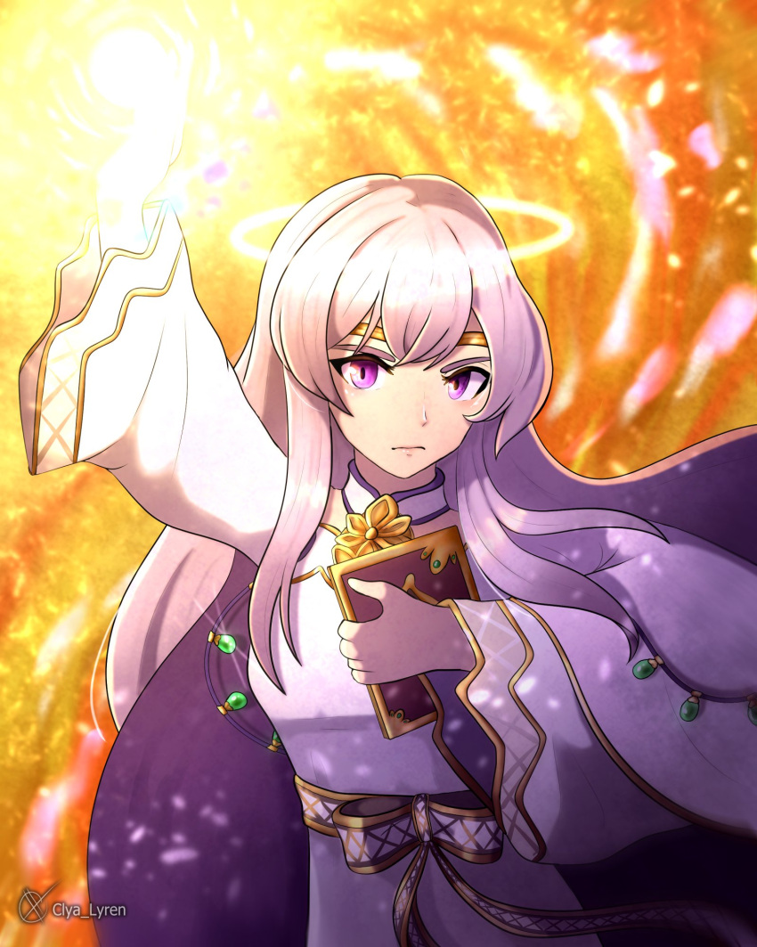 1girl arm_up book cape circlet clya_lyren dress fire_emblem fire_emblem:_genealogy_of_the_holy_war highres holding holding_book jewelry julia_(crusader_of_light)_(fire_emblem) julia_(fire_emblem) long_hair magic purple_cape purple_hair sash solo violet_eyes wide_sleeves