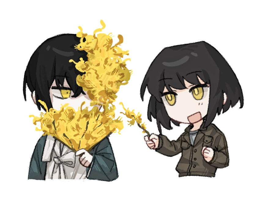 1boy 1girl black_coat black_hair blue_coat branch brown_jacket chibi coat dongbaek_(project_moon) flower flower_over_eye hair_flower hair_ornament hand_fan highres holding holding_branch holding_fan ivy_(675671) jacket limbus_company open_mouth project_moon short_hair simple_background smile upper_body white_background white_coat yellow_eyes yellow_flower yi_sang_(project_moon)