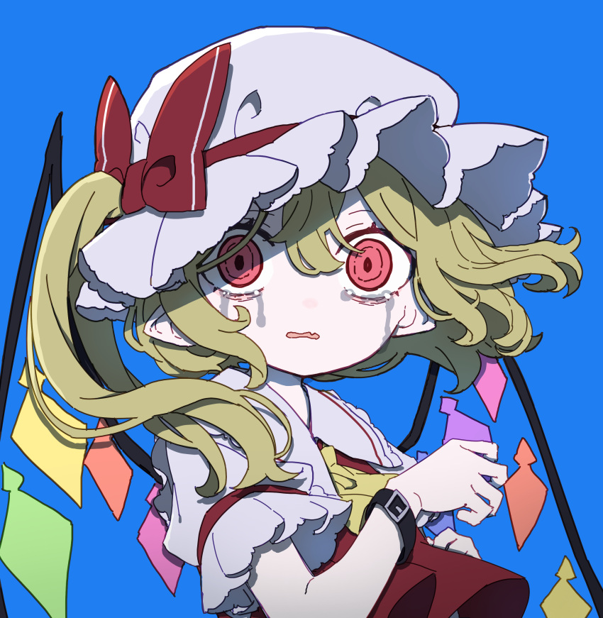 1girl absurdres ascot blonde_hair blue_background collared_shirt crying crying_with_eyes_open crystal flandre_scarlet hat highres kame_(kamepan44231) long_hair looking_at_viewer mob_cap one_side_up open_mouth pointy_ears red_eyes red_vest shirt short_sleeves simple_background solo tears touhou upper_body vest white_headwear white_shirt wings wrist_cuffs yellow_ascot