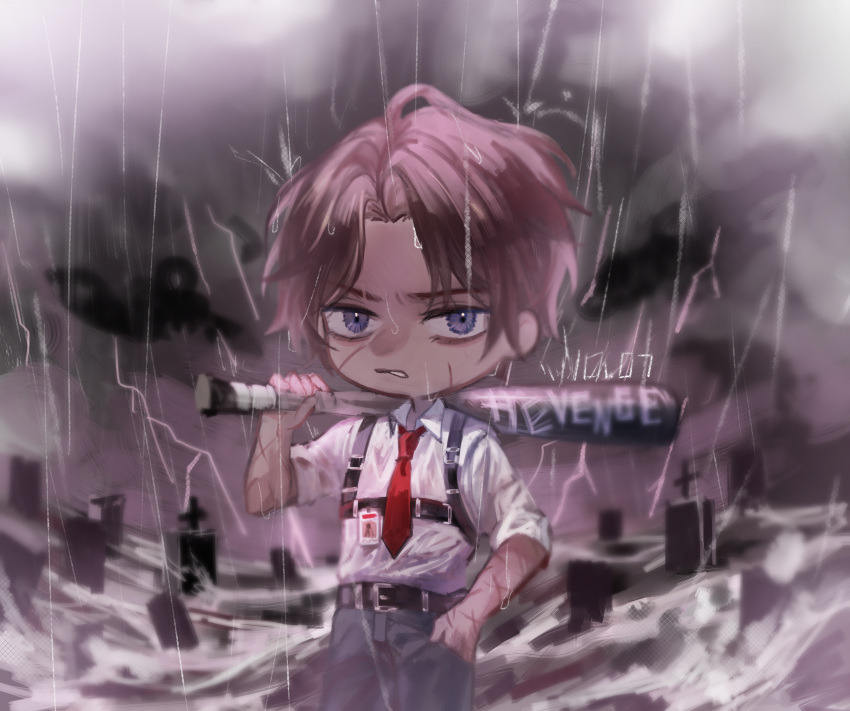 1boy arm_up baseball_bat black_pants brown_hair chest_hair clenched_teeth collared_shirt dark-skinned_male dark_skin graveyard heathcliff_(project_moon) highres huanxue id_card limbus_company long_sleeves looking_at_viewer male_focus necktie pants project_moon rain red_necktie shirt solo teeth tombstone white_shirt