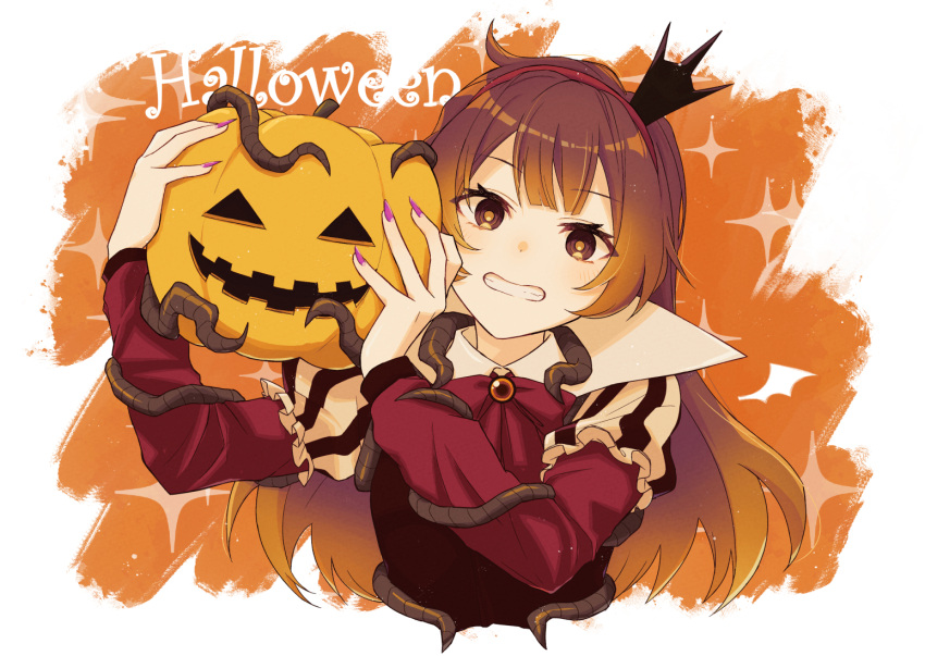 1girl bow bowtie brown_hair clenched_teeth crown dress e.g.o_(project_moon) jack-o'-lantern library_of_ruina long_hair long_sleeves looking_at_viewer malkuth_(project_moon) mini_crown pink_nails project_moon red_bow red_bowtie red_dress solo sparkle teeth upper_body york0pm