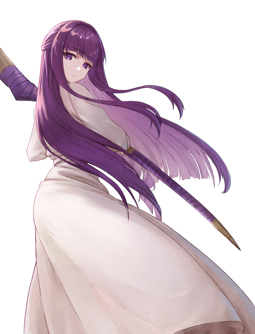 1girl absurdres blunt_bangs bright_pupils closed_mouth commentary cowboy_shot dress fern_(sousou_no_frieren) from_behind highres huuukky long_dress long_sleeves looking_at_viewer mage_staff purple_hair simple_background solo sousou_no_frieren staff violet_eyes white_background white_dress