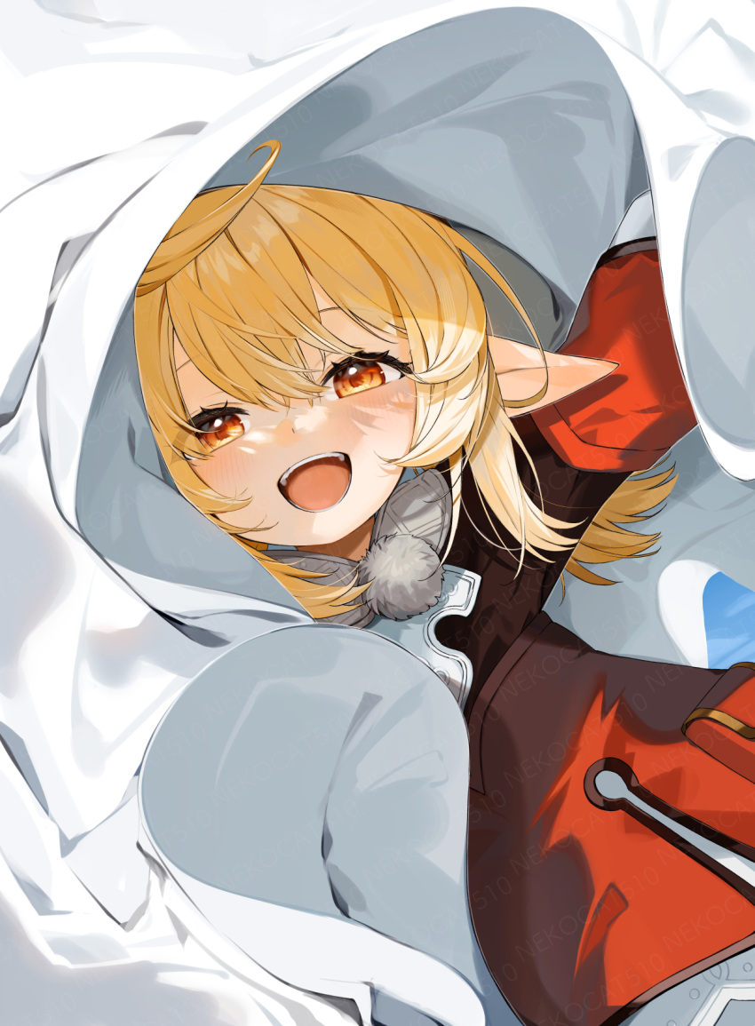 1girl arms_up bed_sheet blonde_hair dress dutch_angle genshin_impact gotoh510 hair_between_eyes highres klee_(genshin_impact) long_hair looking_at_viewer no_headwear open_mouth pointy_ears pom_pom_(clothes) red_dress red_eyes smile solo watermark