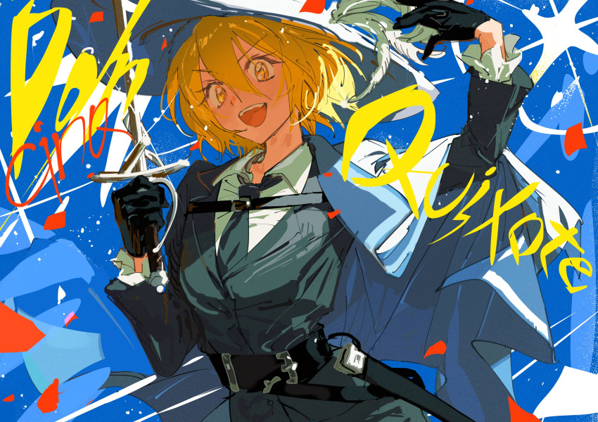 1girl absurdres arms_up artist_request black_gloves black_jacket black_necktie blonde_hair character_name collared_shirt don_quixote_(project_moon) gloves highres holding holding_sword holding_weapon jacket limbus_company looking_at_viewer necktie open_mouth project_moon rapier sheath shirt smile solo sword weapon white_shirt yellow_eyes