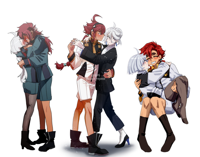 2girls ahoge asticassia_school_uniform blush boots carrying closed_eyes couple dancing earrings grey_hair gundam gundam_suisei_no_majo hair_down hairband high_heels highres hug jewelry kiss korean_commentary long_hair looking_at_viewer miorine_rembran multiple_girls multiple_views no_shoes nyong-choi official_alternate_hair_length official_alternate_hairstyle pantyhose ponytail princess_carry redhead ring school_uniform short_hair shorts simple_background smile socks suit suletta_mercury thick_eyebrows wedding_ring white_background wife_and_wife yuri