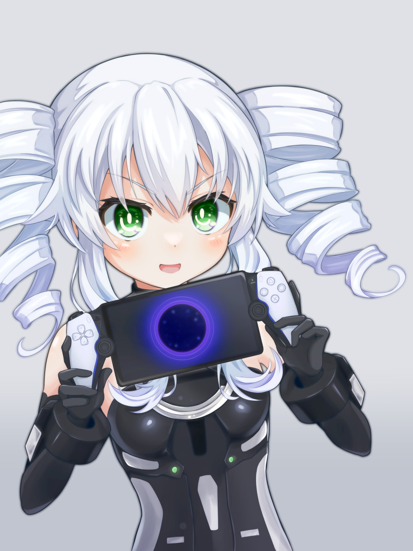 1girl absurdres bare_shoulders black_gloves black_leotard black_sister blush boots breasts choujigen_game_neptune_mk2 drill_hair elbow_gloves gloves green_eyes highres leotard long_hair neptune_(series) power_symbol shionic_zm small_breasts solo symbol-shaped_pupils twin_drills upper_body white_hair