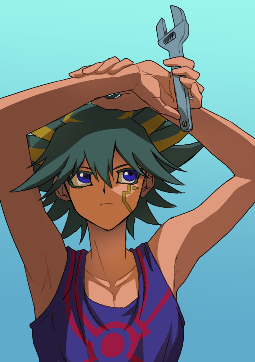 1boy absurdres armpits arms_up black_hair blue_background blue_eyes blue_tank_top facial_mark facial_tattoo fudou_yuusei gradient_background hand_on_own_wrist highres holding holding_tool holding_wrench looking_up male_focus marking_on_cheek multicolored_hair short_hair simple_background sleeveless solo spiky_hair streaked_hair tank_top tattoo upper_body wrench youko-shima yu-gi-oh! yu-gi-oh!_5d's