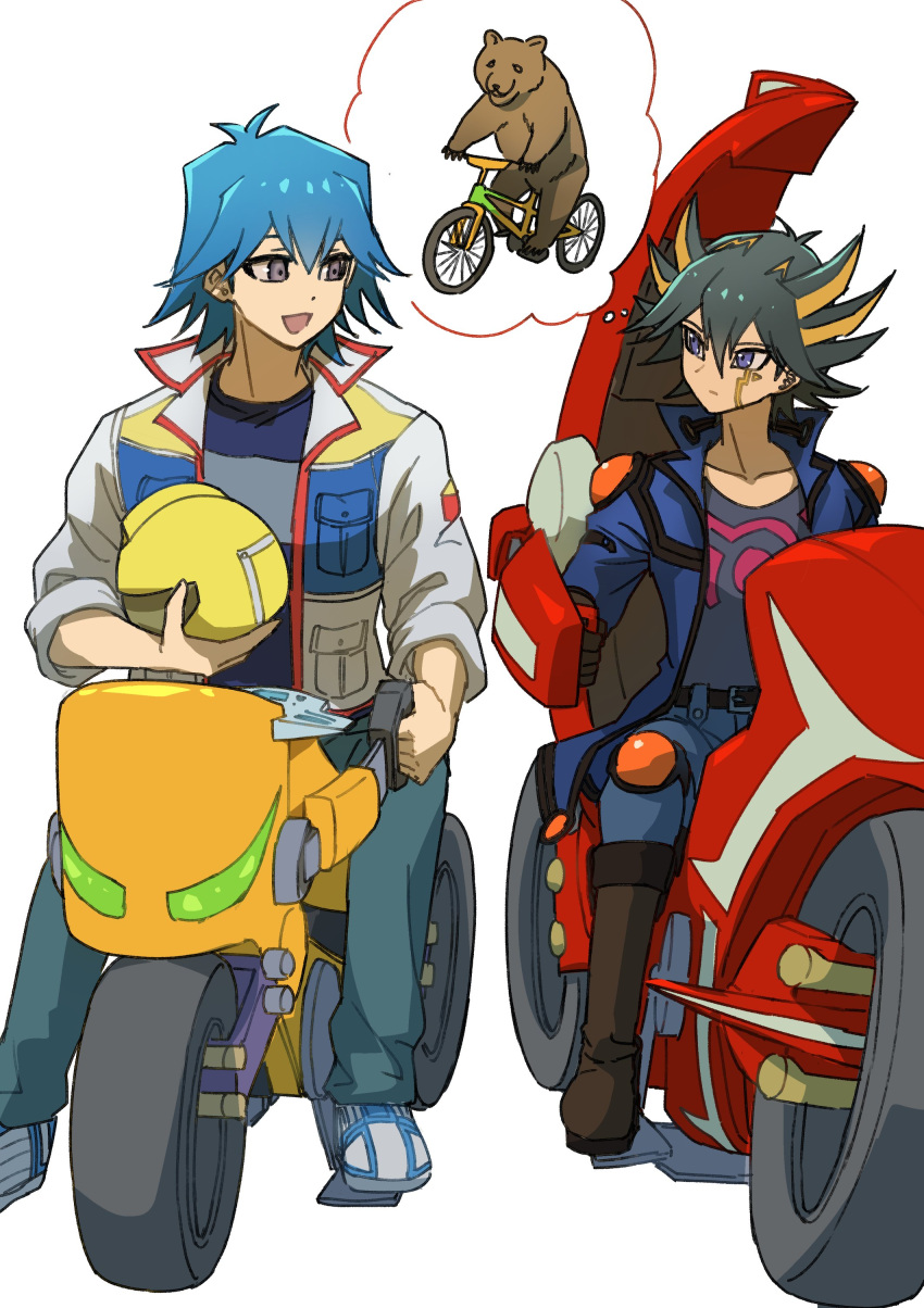 2boys absurdres animal bear belt bicycle black_hair blue_eyes blue_hair blue_jacket boots brown_footwear bruno_(yu-gi-oh!) commentary_request d-wheel denim expressionless facial_mark facial_tattoo fudou_yuusei grey_eyes helmet high_collar highres holding image_in_thought_bubble jacket jeans knee_pads looking_at_another male_focus marking_on_cheek motor_vehicle motorcycle motorcycle_helmet multicolored_hair multiple_boys open_clothes open_jacket open_mouth pants riding riding_bicycle shoes short_hair shoulder_pads simple_background sitting sleeves_rolled_up smile sneakers spiky_hair streaked_hair tattoo thought_bubble unworn_headwear unworn_helmet white_background white_footwear youko-shima yu-gi-oh! yu-gi-oh!_5d's