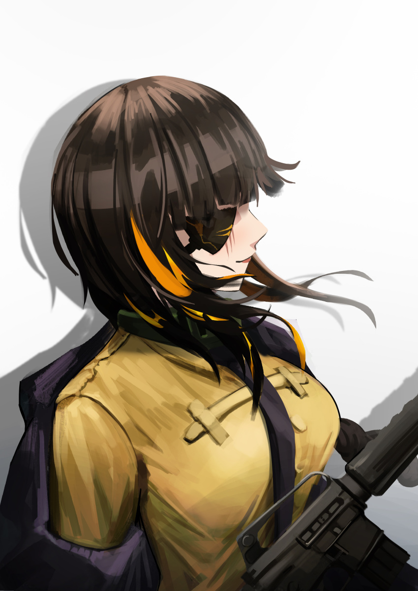 1girl absurdres assault_rifle black_hair black_jacket closed_mouth eyepatch girls_frontline gun highres jacket long_hair looking_to_the_side m16 m16a1 m16a1_(girls'_frontline) mario_(inverse_atelier) rifle scar shirt simple_background upper_body weapon yellow_shirt