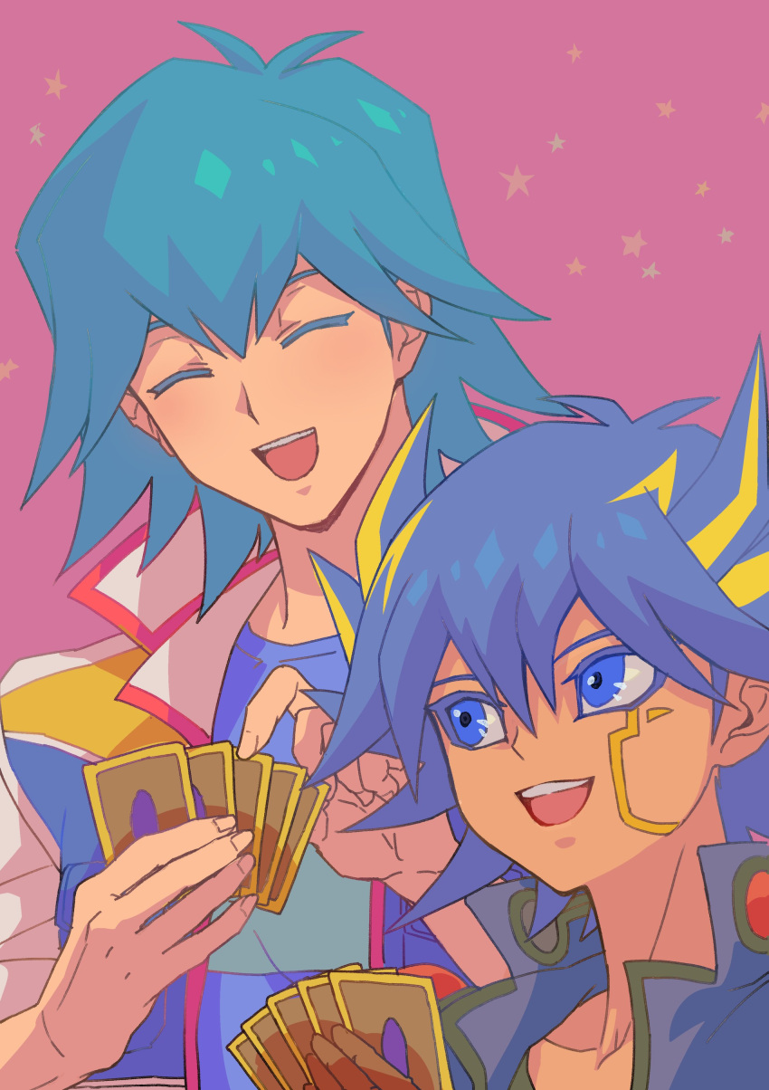 2boys absurdres blue_eyes blue_hair blue_jacket blue_shirt bruno_(yu-gi-oh!) card closed_eyes facial_mark facial_tattoo fudou_yuusei hands_up happy high_collar highres holding holding_card jacket looking_at_another male_focus marking_on_cheek multicolored_hair multiple_boys open_clothes open_jacket open_mouth pastel_colors pink_background shirt short_hair simple_background smile spiky_hair star_(symbol) streaked_hair tattoo trading_card upper_body youko-shima yu-gi-oh! yu-gi-oh!_5d's