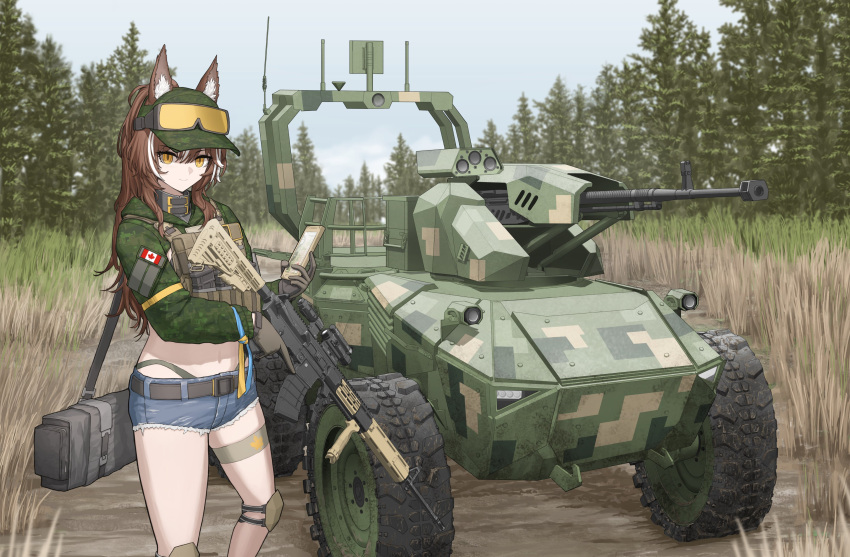 1girl absurdres animal_ears armored_vehicle assault_rifle autocannon blue_shorts brown_hair camouflage canadian_army canadian_flag cannon cheogtanbyeong colt_canada_c7 crop_top denim denim_shorts digital_camouflage dune_buggy fox_ears fox_girl green_jacket gun highres jacket original rifle shorts smile solo stomach thighs vehicle_request weapon yellow_eyes