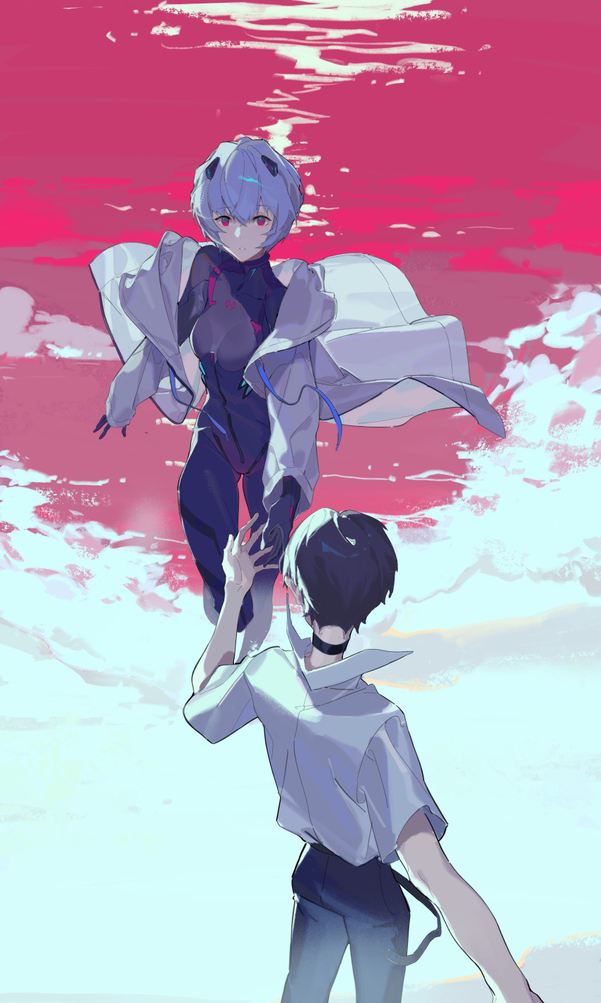 1boy 1girl absurdres ayanami_rei belt black_belt black_bodysuit black_choker black_hair black_pants blue_hair bodysuit breasts check_copyright choker collared_shirt copyright_request crossed_bangs foaming_waves hair_between_eyes highres ikari_shinji imminent_hand_holding interface_headset lab_coat loose_belt neon_genesis_evangelion pants parted_lips pilot_suit plugsuit reaching_towards_another red_eyes red_ocean ripples shirt short_hair skin_tight small_breasts waves white_shirt xe367