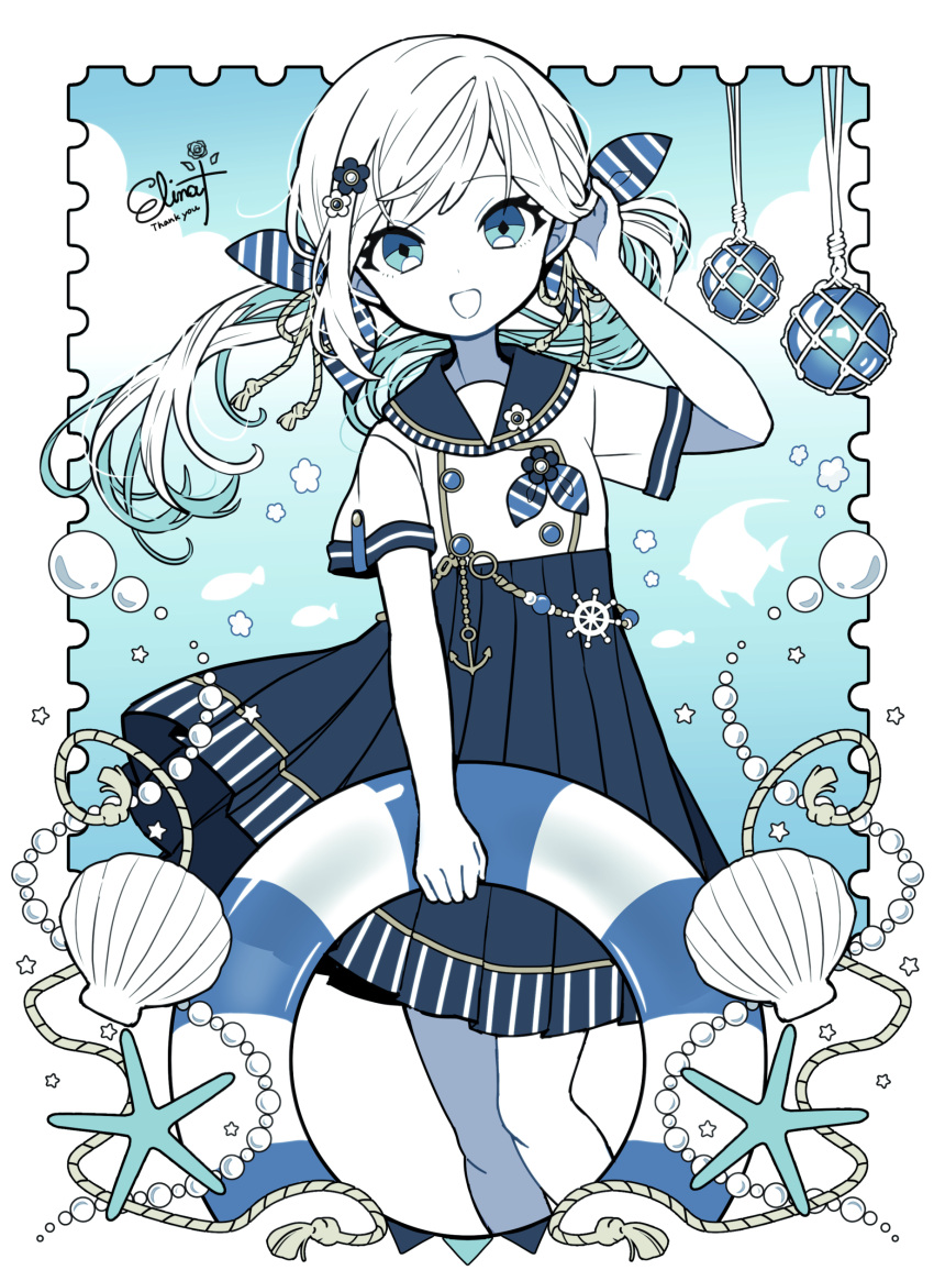 1girl absurdres anchor_ornament artist_name blue_background blue_bow blue_eyes blue_flower blue_sailor_collar blue_skirt bow buttons clouds colored_skin commentary cropped_legs dot_nose elina_(e2n04n) english_commentary fish flower flower_(symbol) gem hair_bow hair_flower hair_ornament hand_in_own_hair highres holding holding_innertube innertube long_hair looking_at_viewer moorish_idol open_mouth original pearl_(gemstone) pleated_skirt rope rope_belt sailor sailor_collar sailor_shirt seashell shell shirt shirt_bow short_sleeves signature skirt smile solo starfish striped striped_bow thank_you tropical_fish twintails white_flower white_hair white_shirt white_skin