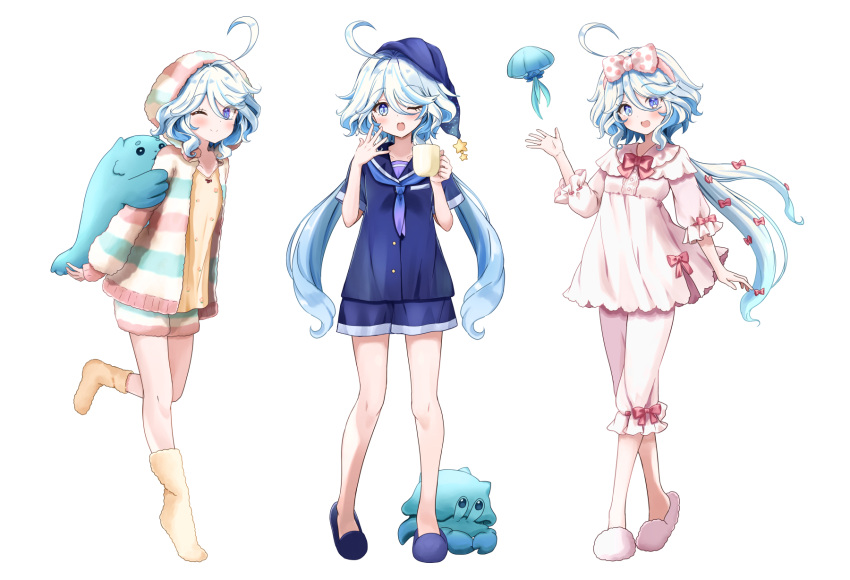 1girl :d ;) ahoge blue_eyes blue_footwear blue_hair blue_headwear blue_sailor_collar blue_shirt blue_shorts blush bow brown_shirt closed_mouth commentary_request dress furina_(genshin_impact) genshin_impact hair_between_eyes hairband hat highres hood hood_up hooded_jacket jacket long_hair long_sleeves low_twintails motoi_ayumu multicolored_hair multiple_views nightcap no_shoes one_eye_closed open_clothes open_jacket pants pink_hairband polka_dot polka_dot_bow puffy_long_sleeves puffy_sleeves ribbon-trimmed_sleeves ribbon_trim sailor_collar shirt short_sleeves shorts simple_background slippers smile socks standing standing_on_one_leg star_(symbol) streaked_hair striped striped_jacket striped_shorts twintails very_long_hair white_background white_bow white_dress white_footwear white_hair white_pants yellow_socks