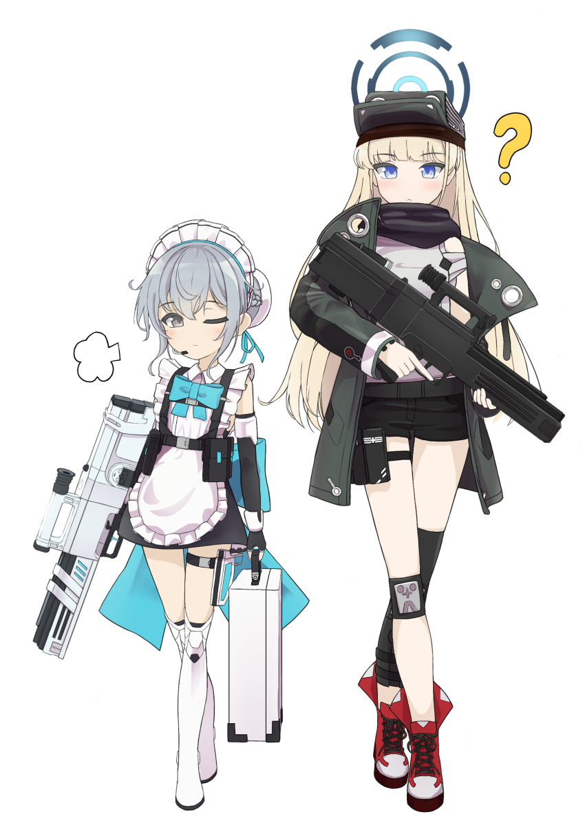 2girls ? absurdres alternate_costume apron aqua_bow assault_rifle asymmetrical_legwear black_shorts blue_archive boots bow briefcase coat cosplay costume_switch crossover dhk117 earpiece fingerless_gloves full_body g11_(girls'_frontline) g11_(girls'_frontline)_(cosplay) girls_frontline gloves grey_hair gun h&amp;k_g11 halo hat highres holding holding_briefcase holding_gun holding_weapon knee_pads maid maid_apron maid_headdress multiple_girls one_eye_closed rifle scarf short_shorts shorts standing thigh_pouch toki_(blue_archive) toki_(blue_archive)_(cosplay) trigger_discipline weapon white_background