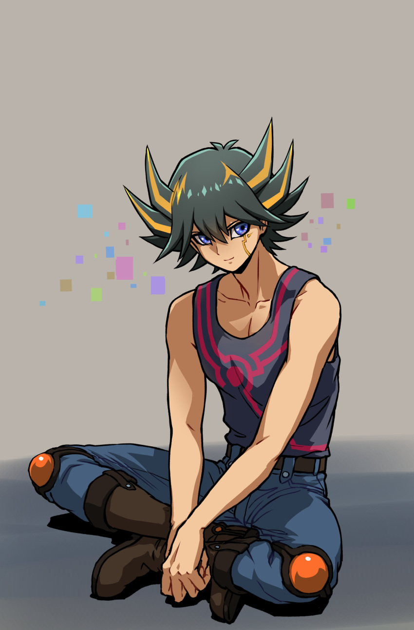 1boy absurdres bare_shoulders belt black_hair black_tank_top blue_eyes blue_pants boots brown_footwear collarbone crossed_legs fudou_yuusei grey_background hands_on_lap highres knee_pads leaning leaning_forward leather_belt looking_to_the_side male_focus multicolored_hair own_hands_together pants short_hair simple_background sitting smile solo spiky_hair streaked_hair tank_top youko-shima yu-gi-oh! yu-gi-oh!_5d's