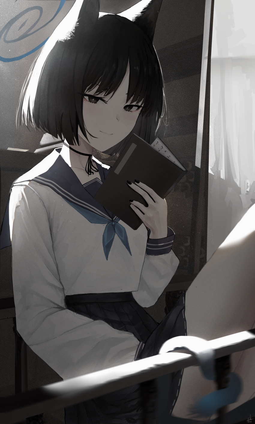 1girl absurdres animal_ears black_eyes black_hair black_nails black_sailor_collar black_skirt blue_archive blue_halo book cat_ears cat_tail closed_mouth fingernails halo highres holding holding_book kikyou_(blue_archive) kyatto-mikazu light_smile long_sleeves looking_at_viewer multiple_tails nail_polish pleated_skirt sailor_collar school_uniform serafuku short_hair skirt solo tail two_tails