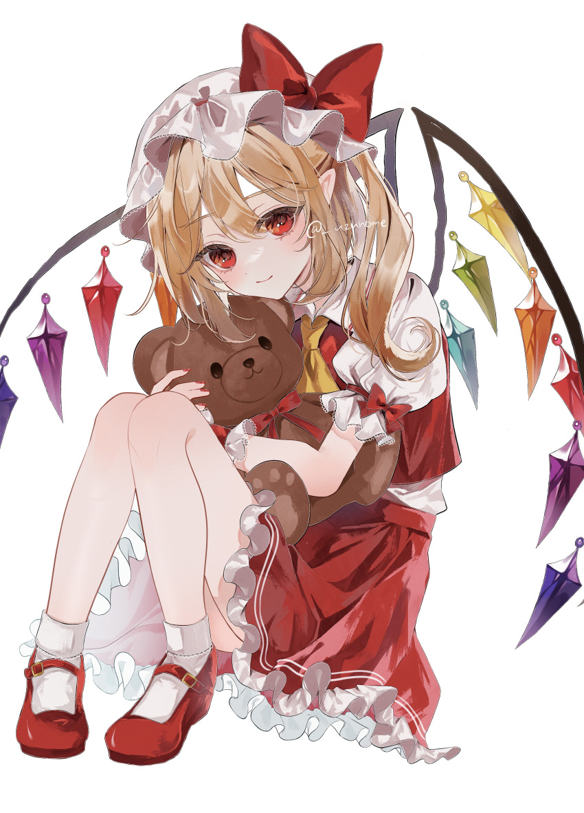 1girl absurdres ascot blonde_hair closed_mouth crystal fingernails flandre_scarlet frilled_skirt frilled_sleeves frills hair_between_eyes hat highres long_hair looking_at_viewer mob_cap nail_polish one_side_up red_eyes red_footwear red_nails red_skirt shirt shoes short_sleeves simple_background skirt socks solo stuffed_animal stuffed_toy teddy_bear touhou twitter_username uzmee white_background white_headwear white_shirt white_socks wings yellow_ascot