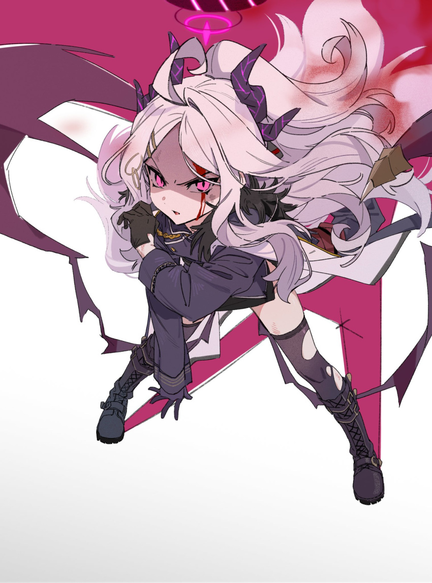 1girl ahoge angry bent_over black_gloves blood blood_on_face blue_archive boots coat coat_on_shoulders curly_hair demon_horns demon_wings foreshortening from_above fur_collar glaring gloves hair_ornament hairpin halo highres hina_(blue_archive) horns lampuda long_hair long_sleeves looking_at_viewer military_uniform parted_bangs parted_lips shaded_face shadow simple_background spread_legs thigh-highs torn_clothes torn_thighhighs uniform violet_eyes white_background white_hair wings