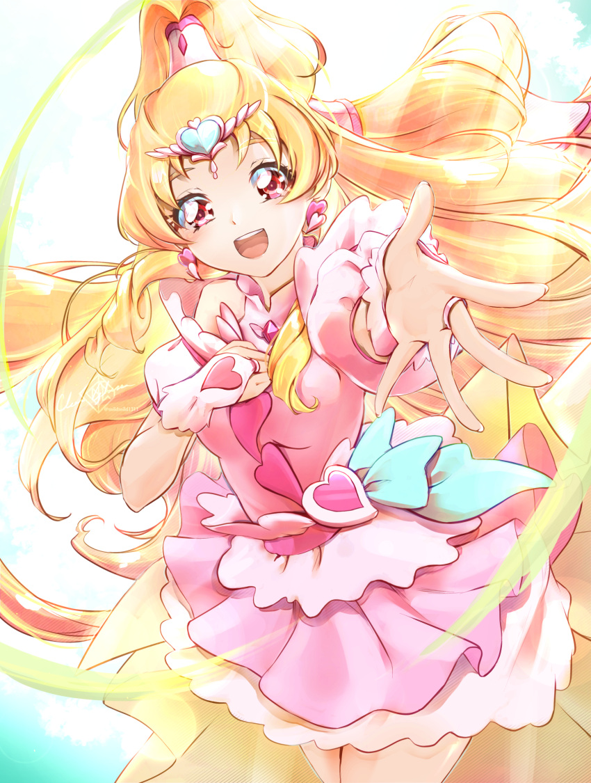 1girl blonde_hair brooch clear_glass_(mildmild1311) cure_tomorrow earrings gloves gradient_background green_background hair_ornament heart heart_brooch heart_earrings heart_hair_ornament heart_pouch high_ponytail highres hugtto!_precure jewelry long_hair looking_at_viewer magical_girl multi-tied_hair open_mouth ponytail precure short_sleeves smile solo very_long_hair waist_brooch