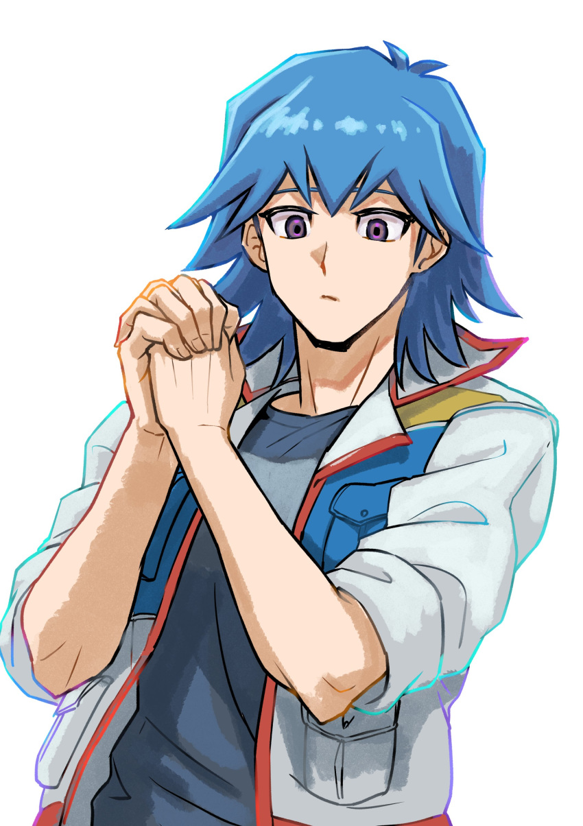 1boy absurdres blue_hair blue_shirt bruno_(yu-gi-oh!) hands_up high_collar highres jacket male_focus open_clothes open_jacket own_hands_clasped own_hands_together shirt short_hair simple_background sleeves_rolled_up solo t-shirt upper_body violet_eyes white_background white_jacket youko-shima yu-gi-oh! yu-gi-oh!_5d's