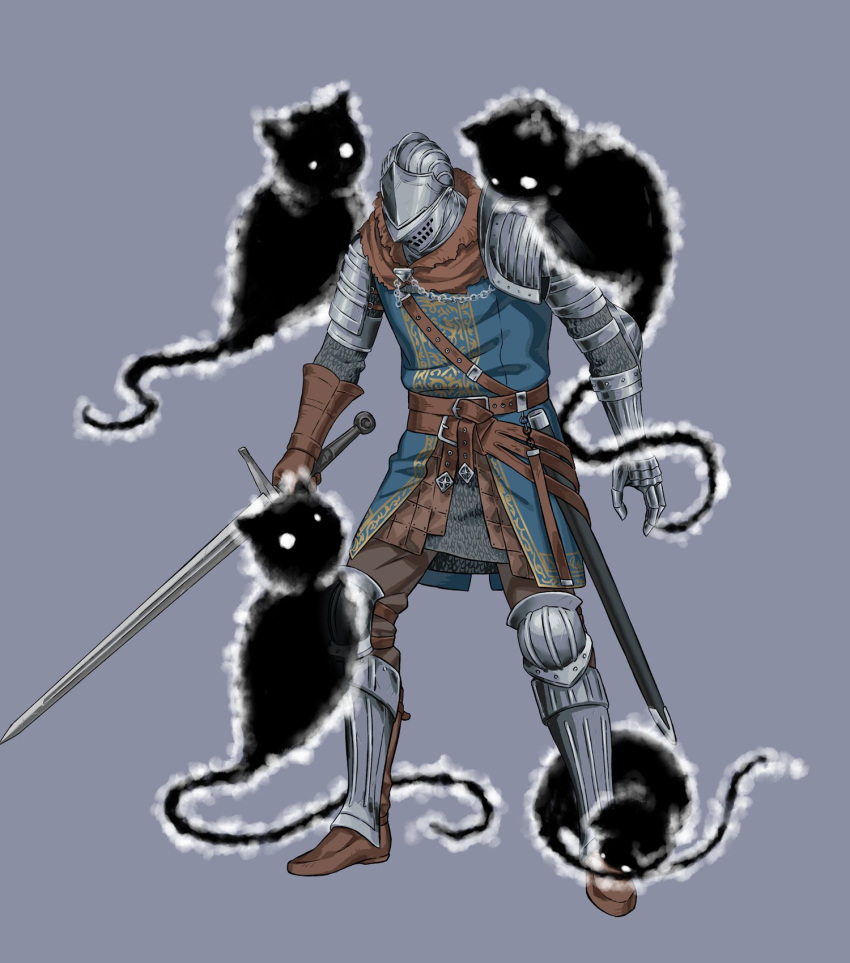 1other ambiguous_gender arizuka_(catacombe) armored_boots belt boots brown_belt brown_pants cat chosen_undead dark_souls_(series) dark_souls_i facing_down full_body gauntlets grey_background helm helmet highres holding holding_sword holding_weapon humanity_(dark_souls) looking_at_animal pants shadow shoulder_plates simple_background standing sword weapon