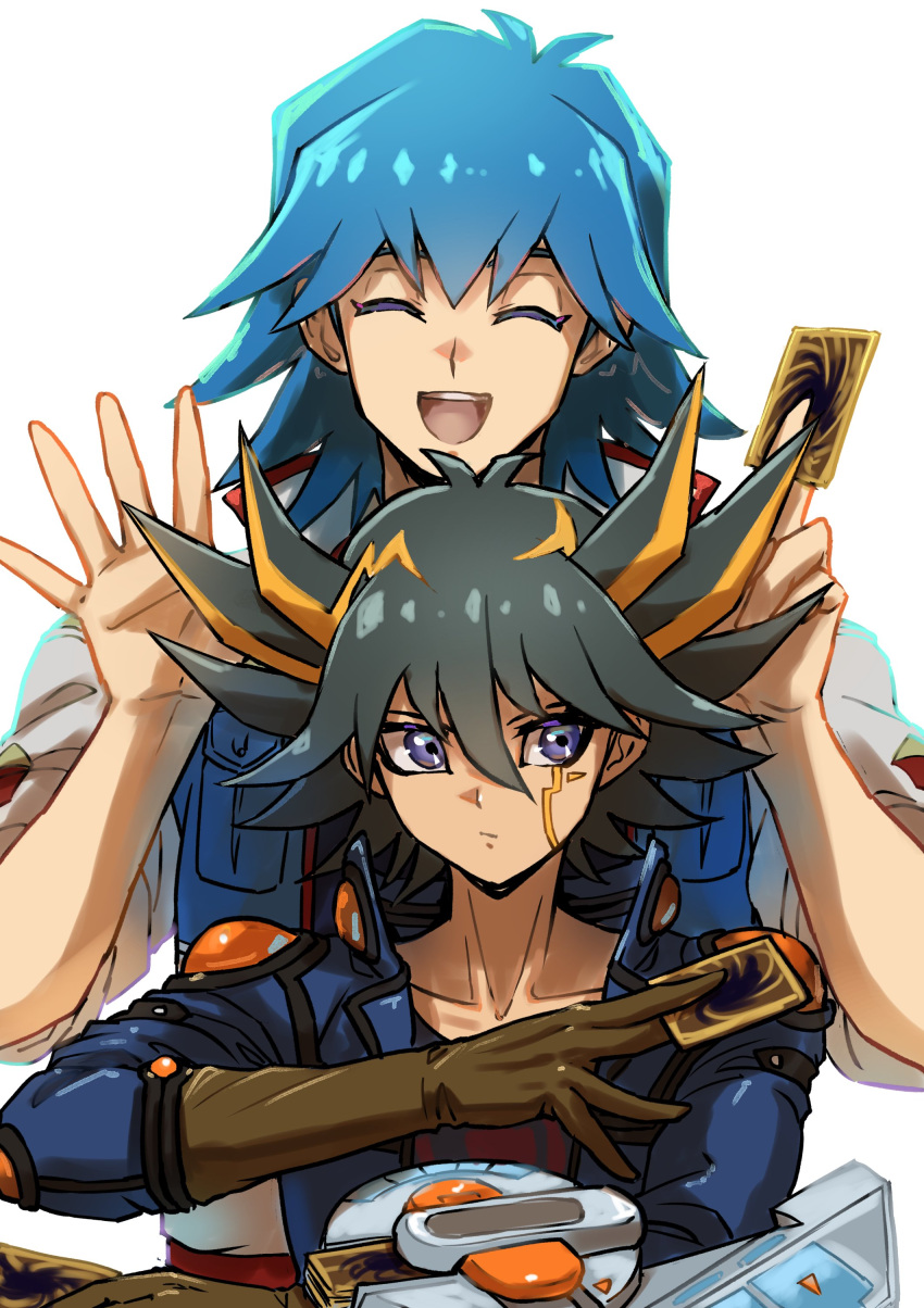 2boys absurdres black_hair blue_eyes blue_hair blue_jacket brown_gloves bruno_(yu-gi-oh!) card closed_eyes duel_disk elbow_pads expressionless facial_mark facial_tattoo fudou_yuusei gloves hands_up high_collar highres holding holding_card jacket looking_to_the_side male_focus marking_on_cheek multicolored_hair multiple_boys open_mouth short_hair shoulder_pads simple_background smile spiky_hair standing streaked_hair tattoo trading_card upper_body white_background youko-shima yu-gi-oh! yu-gi-oh!_5d's