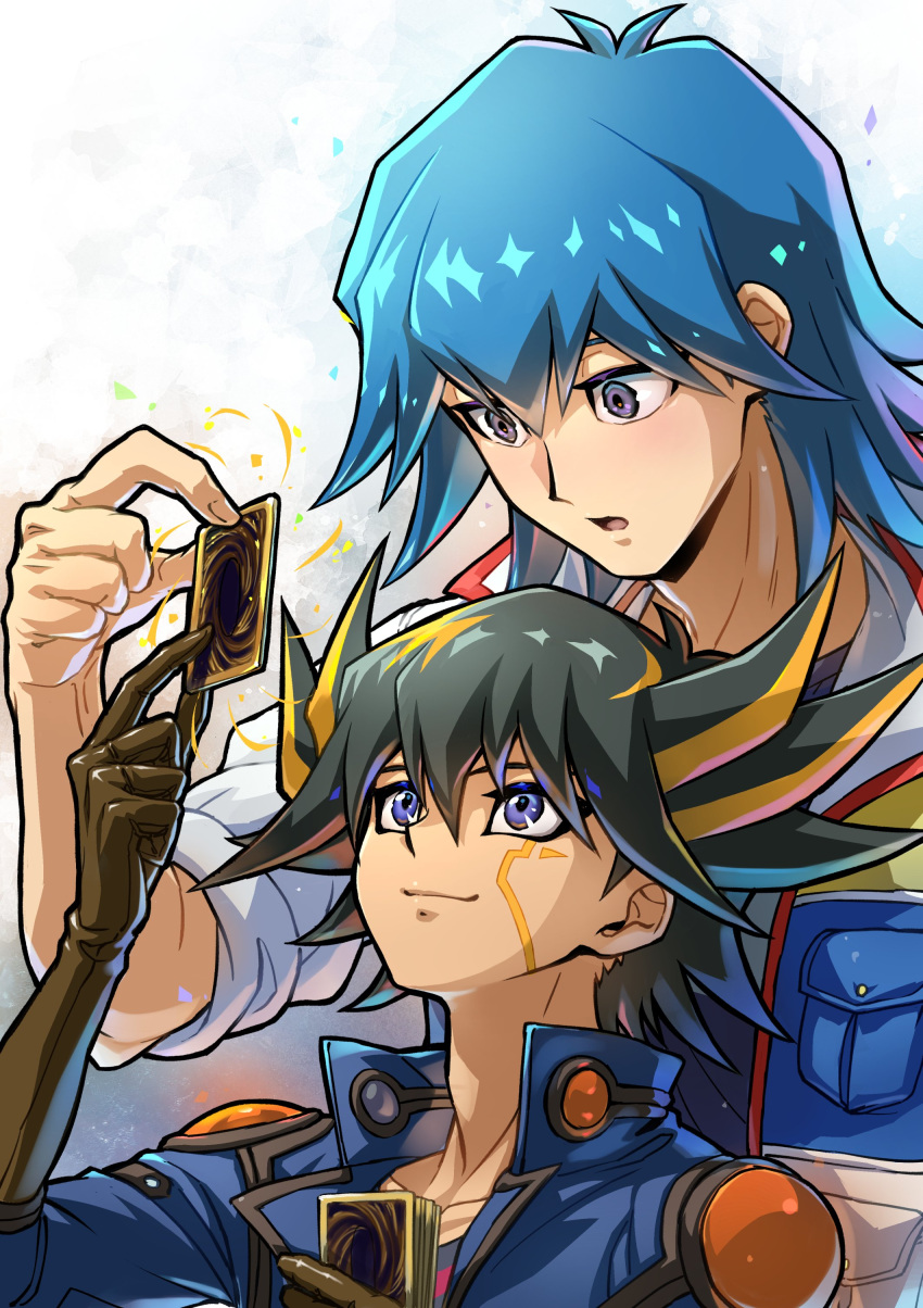 2boys :o absurdres black_hair blue_eyes blue_hair blue_jacket brown_gloves bruno_(yu-gi-oh!) card commentary_request elbow_gloves facial_mark facial_tattoo fudou_yuusei gloves hand_up high_collar highres holding holding_card jacket looking_up male_focus marking_on_cheek multicolored_hair multiple_boys open_clothes open_jacket open_mouth shirt short_hair shoulder_pads sleeves_rolled_up smile spiky_hair streaked_hair tattoo trading_card upper_body violet_eyes youko-shima yu-gi-oh! yu-gi-oh!_5d's