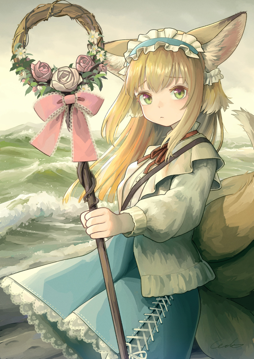1girl absurdres animal_ear_fluff animal_ears arknights blonde_hair blue_hairband blue_skirt cardigan closed_mouth commentary_request cross-laced_clothes cross-laced_skirt cross-laced_slit fox_ears fox_girl fox_tail frilled_hairband frills green_eyes hairband high-waist_skirt highres holding holding_staff kitsune kyuubi long_hair long_sleeves looking_at_viewer multiple_tails neck_ribbon official_alternate_costume open_cardigan open_clothes puffy_long_sleeves puffy_sleeves red_ribbon ribbon skirt solo staff suzuran_(arknights) suzuran_(spring_praise)_(arknights) tail welt_(kinsei_koutenkyoku) yellow_cardigan