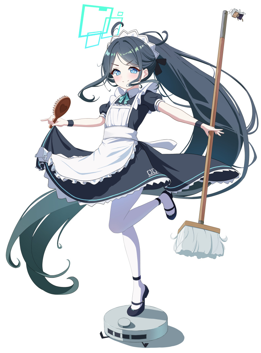 1girl absurdres apron aqua_ribbon aris_(blue_archive) aris_(maid)_(blue_archive) black_dress black_footwear black_hair black_wristband blue_archive blue_eyes blush bright_pupils closed_mouth collared_dress commentary_request dress full_body green_halo halo highres holding holding_mop loafers long_hair looking_at_viewer maid_apron maid_headdress mop neck_ribbon official_alternate_costume outstretched_arms pantyhose ponytail puffy_short_sleeves puffy_sleeves ribbon shoes short_sleeves simple_background skirt_hold smile solo standing standing_on_one_leg su2ro very_long_hair white_apron white_background white_pantyhose white_pupils