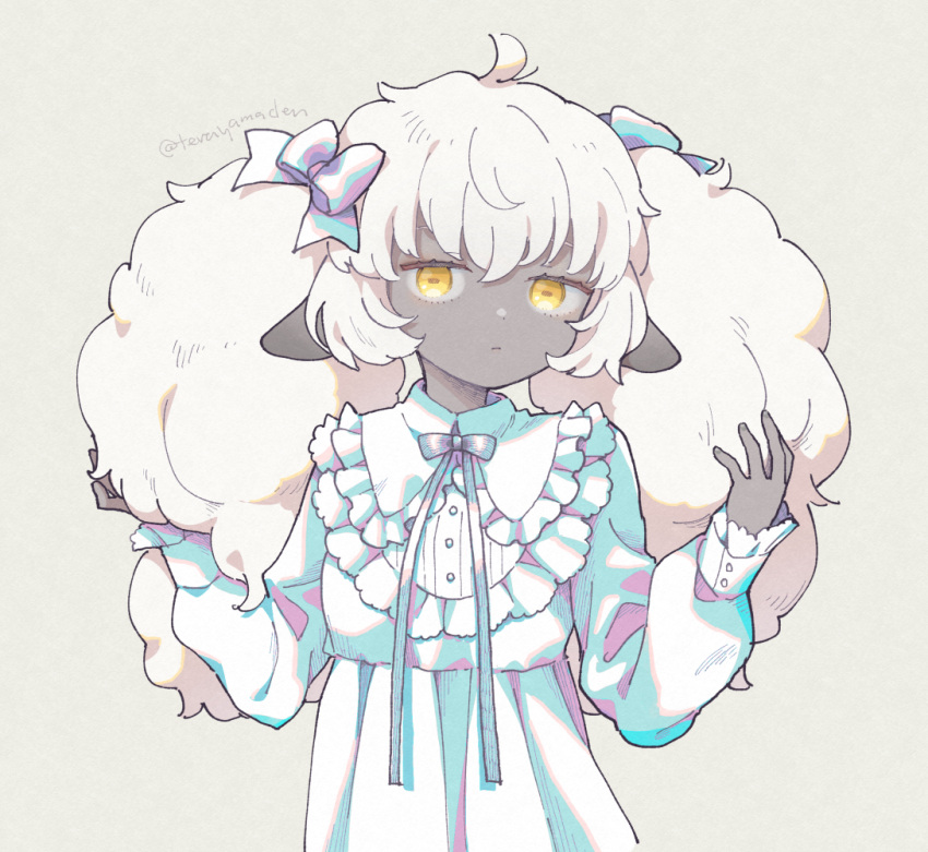1girl ahoge alternate_hairstyle animal_ears aqua_bow aqua_dress bow buttons closed_mouth colored_skin dot_mouth dress expressionless fluffy frilled_shirt_collar frilled_sleeves frills grey_background grey_skin hair_bow hands_in_hair hands_up holographic_clothing horizontal_pupils long_hair long_sleeves neck_ribbon original puffy_long_sleeves puffy_sleeves ribbon sheep_ears sheep_girl simple_background solo terayamaden twintails twitter_username upper_body w_arms white_hair yellow_eyes