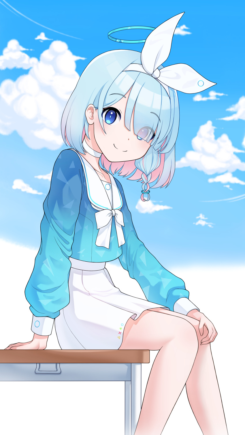1girl absurdres arona_(blue_archive) blue_archive blue_eyes blue_hair blue_shirt blue_sky blush bow braid closed_mouth clouds day desk full_body hair_ornament hair_over_one_eye hair_ribbon hands_on_own_knees highres long_sleeves looking_at_viewer multicolored_hair neckerchief on_desk open_mouth outdoors pleated_skirt ribbon sailor_collar school_desk school_uniform serafuku shirt sitting sitting_on_desk skirt sky smile solo sparkle split_mouth white_bow white_footwear white_sailor_collar white_shirt white_skirt yamggu
