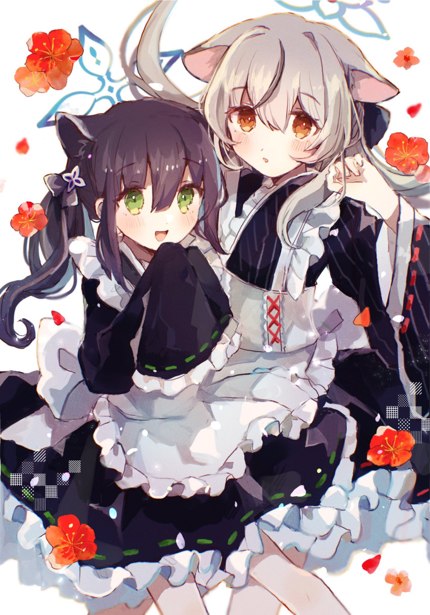 2girls apron black_kimono blue_archive blush cowboy_shot frilled_sleeves frills halo highres japanese_clothes kimono kokona_(blue_archive) long_hair long_sleeves looking_at_viewer maid multiple_girls nemunemu1226 open_mouth red_eyes shun_(blue_archive) simple_background very_long_hair wa_maid white_apron white_background white_hair