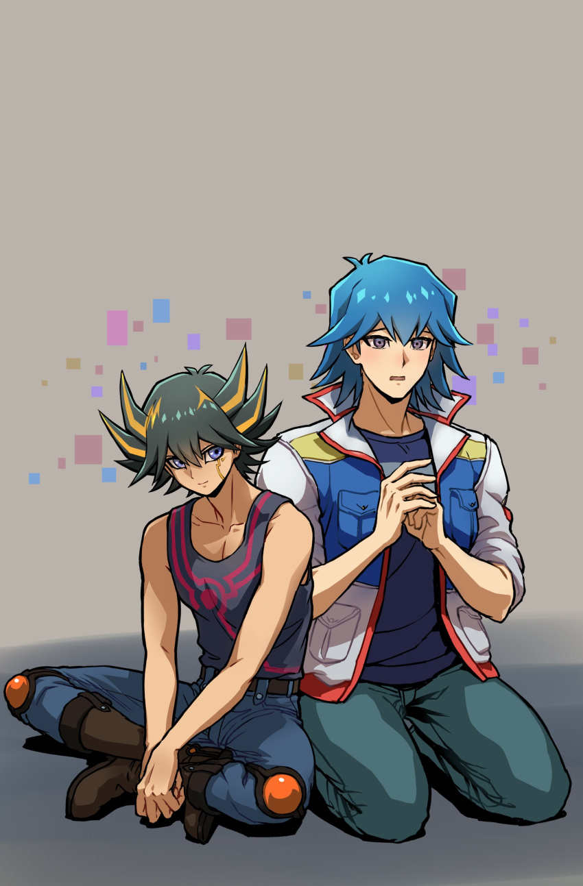2boys absurdres bare_shoulders belt black_hair black_tank_top blue_eyes blue_hair blue_pants blue_shirt blush boots brown_footwear bruno_(yu-gi-oh!) commentary crossed_legs facial_mark facial_tattoo fudou_yuusei grey_background grey_eyes hands_on_lap hands_up high_collar highres jacket knee_pads kneeling light_blush male_focus marking_on_cheek multicolored_hair multiple_boys open_mouth own_hands_together pants shirt short_hair sitting smile spiky_hair streaked_hair tank_top tattoo youko-shima yu-gi-oh! yu-gi-oh!_5d's
