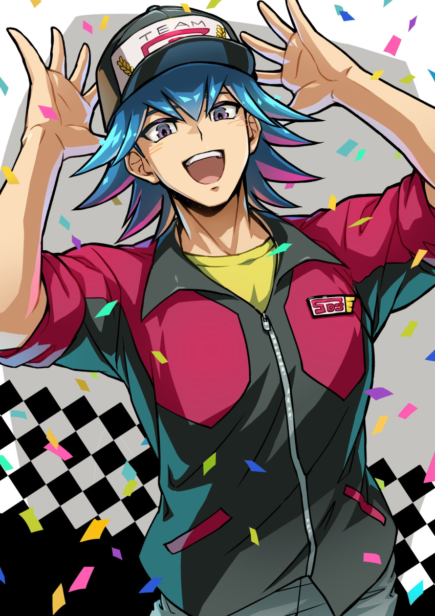 1boy absurdres arms_up baseball_cap black_headwear blue_hair bruno_(yu-gi-oh!) celebration checkered_background collared_jacket commentary_request confetti grey_eyes grey_pants happy hat highres jacket male_focus official_alternate_costume open_mouth pants red_jacket shirt short_hair sleeves_rolled_up smile solo upper_body yellow_shirt youko-shima yu-gi-oh! yu-gi-oh!_5d's zipper