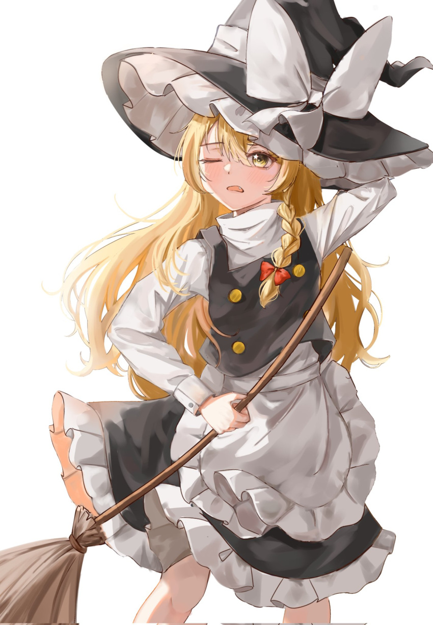 1girl apron arm_behind_head black_skirt black_vest blonde_hair bow braid broom buttons feet_out_of_frame frilled_skirt frills hair_bow hat hat_bow highres holding holding_broom kirisame_marisa long_hair long_sleeves one_eye_closed red_bow shirt simple_background single_braid skirt solo temmie_(temi_maru) touhou vest waist_apron white_apron white_background white_bow white_shirt witch_hat yellow_eyes