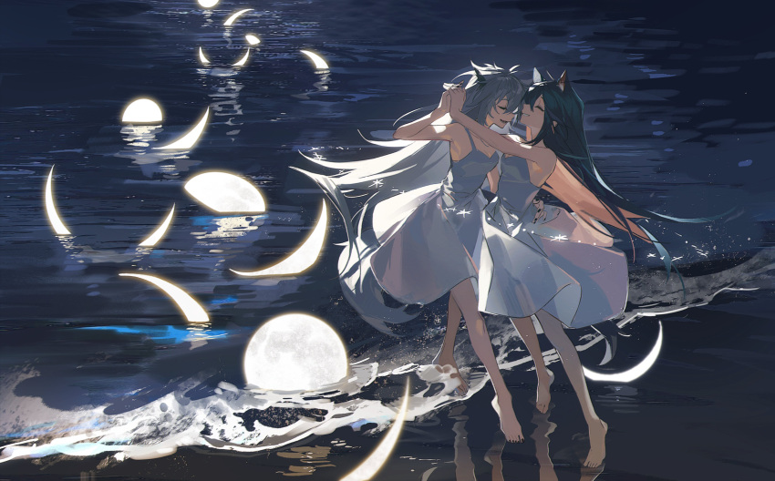2girls absurdres animal_ear_fluff animal_ears arknights bare_arms bare_legs bare_shoulders barefoot beach black_hair black_nails breasts closed_mouth colored_inner_hair commentary_request crescent_moon dancing dress fingernails full_moon grey_hair grin hand_on_another's_back highres holding_hands lappland_(arknights) long_hair medium_breasts moon multicolored_hair multiple_girls nail_polish night orange_hair outdoors pinenut_sn sleeveless sleeveless_dress smile sundress teeth texas_(arknights) very_long_hair white_dress wolf_ears yuri