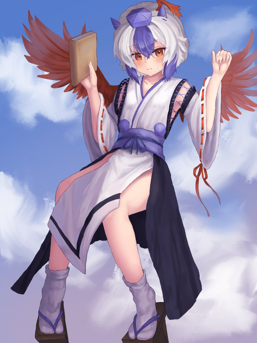 1girl alternate_costume bird_wings blue_sky book closed_mouth clouds commentary commission english_commentary full_body geta head_wings highres holding holding_book horns japanese_clothes kimono kourindou_tengu_costume looking_at_viewer multicolored_hair outdoors pygrenix red_eyes red_wings ribbon-trimmed_sleeves ribbon_trim sash short_hair single_head_wing sky socks solo tokiko_(touhou) touhou two-tone_hair white_hair white_kimono white_socks wide_sleeves wings