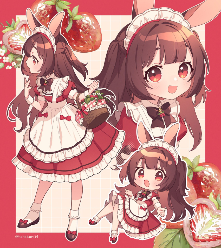 1girl animal_ears basket black_bow black_bowtie black_footwear blush bow bowtie brown_hair checkered_background chibi commentary cross-section dress floating food frilled_dress frills fruit goshi-san highres holding holding_basket legs long_hair looking_at_viewer maid_headdress medium_dress multiple_views open_mouth original outline puffy_short_sleeves puffy_sleeves rabbit_ears red_bow red_dress red_eyes red_outline short_sleeves socks standing strawberry symbol-only_commentary twitter_username two_side_up white_background white_socks wrist_cuffs