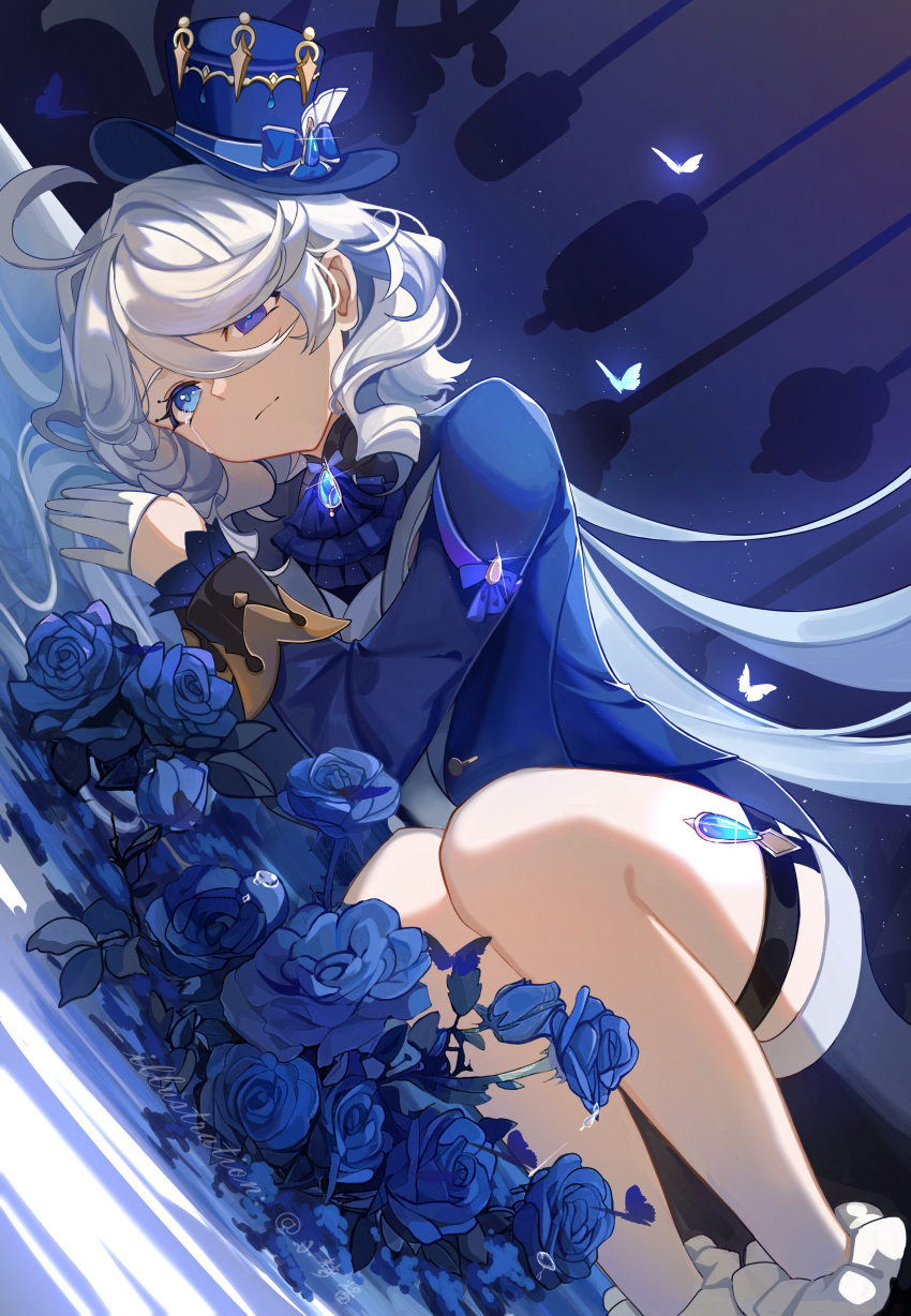 1girl absurdres ascot blue_ascot blue_eyes blue_flower blue_headwear blue_jacket blue_rose bug butterfly closed_mouth commentary_request cowlick crying flower furina_(genshin_impact) genshin_impact gloves grey_hair hair_between_eyes half_gloves hat highres jacket long_bangs long_hair lying on_side rose shorts solo thighs top_hat white_gloves white_shorts yume-dream